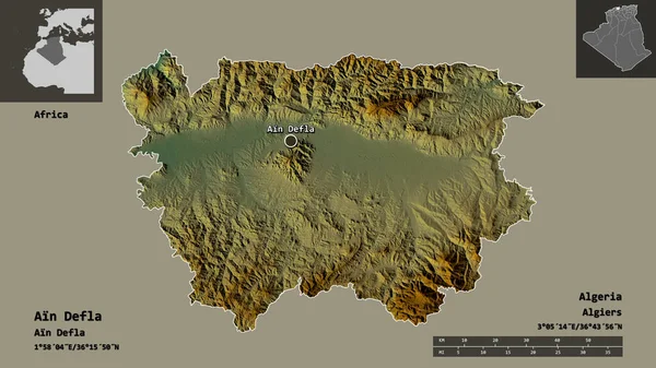 阿尔及利亚省Ain Defla的形状及其首都 距离刻度 预览和标签 地形浮雕图 3D渲染 — 图库照片