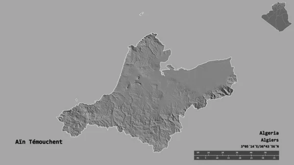 アルジェリアの省であるAin Temouchentの形で その首都はしっかりとした背景に孤立しています 距離スケール リージョンプレビュー およびラベル 標高マップ 3Dレンダリング — ストック写真