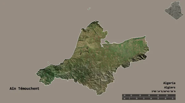 アルジェリアの省であるAin Temouchentの形で その首都はしっかりとした背景に孤立しています 距離スケール リージョンプレビュー およびラベル 衛星画像 3Dレンダリング — ストック写真