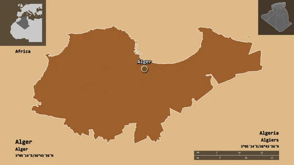 阿尔杰的形状 阿尔及利亚的省 和它的首都 距离刻度 预览和标签 图形纹理的组成 3D渲染 — 图库照片