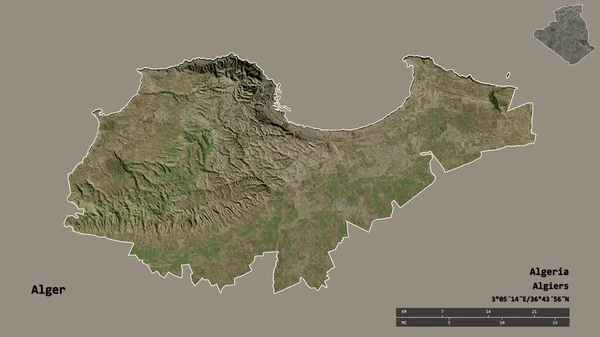 阿尔杰形状 阿尔及利亚的一个省 其首都孤立的坚实的背景 距离尺度 区域预览和标签 卫星图像 3D渲染 — 图库照片