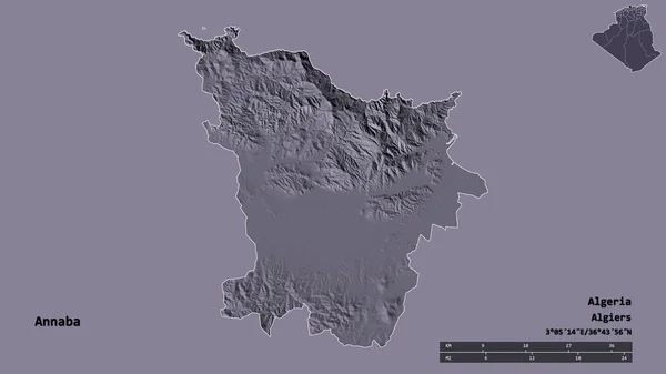 アルジェリアのアナバ州の形で その首都はしっかりとした背景に隔離されています 距離スケール リージョンプレビュー およびラベル 色の標高マップ 3Dレンダリング — ストック写真