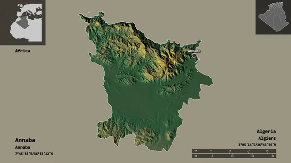 アルジェリアのアナバ州とその首都の形 距離スケール プレビューおよびラベル 地形図 3Dレンダリング — ストック写真