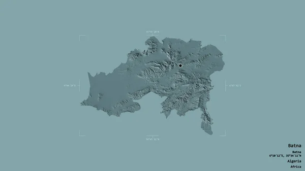 巴特纳地区 阿尔及利亚省 在一个地理参照框的坚实背景下被隔离 彩色高程图 3D渲染 — 图库照片