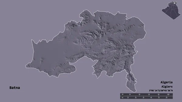 アルジェリアのバトナ州の形で その首都はしっかりとした背景に隔離されています 距離スケール リージョンプレビュー およびラベル 色の標高マップ 3Dレンダリング — ストック写真