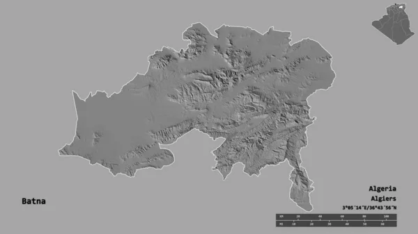 アルジェリアのバトナ州の形で その首都はしっかりとした背景に隔離されています 距離スケール リージョンプレビュー およびラベル 標高マップ 3Dレンダリング — ストック写真