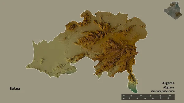 アルジェリアのバトナ州の形で その首都はしっかりとした背景に隔離されています 距離スケール リージョンプレビュー およびラベル 地形図 3Dレンダリング — ストック写真