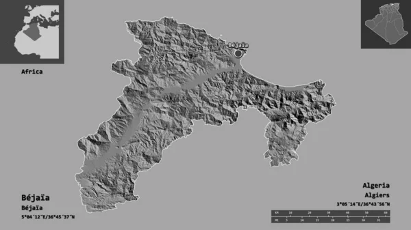 阿尔及利亚的Bejaia形状和它的首都 距离刻度 预览和标签 Bilevel高程图 3D渲染 — 图库照片