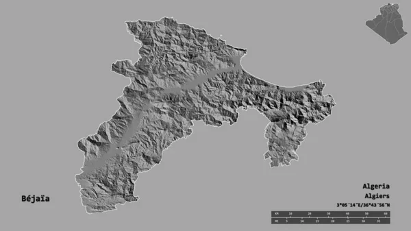 Form Bejaia Provinsen Algeriet Med Huvudstaden Isolerad Solid Bakgrund Avståndsskala — Stockfoto