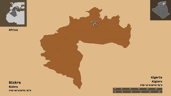 ビシュラの形 アルジェリアの州 およびその首都 距離スケール プレビューおよびラベル パターン化されたテクスチャの構成 3Dレンダリング — ストック写真