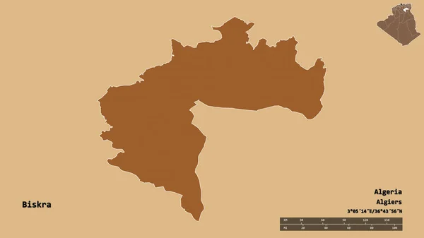 アルジェリアのビスクラ州の形で その首都はしっかりとした背景に隔離されています 距離スケール リージョンプレビュー およびラベル パターン化されたテクスチャの構成 3Dレンダリング — ストック写真