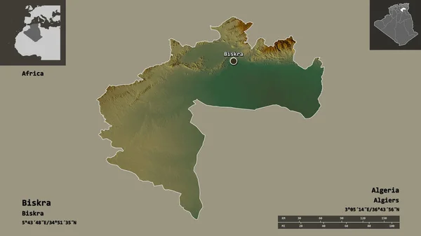 ビシュラの形 アルジェリアの州 およびその首都 距離スケール プレビューおよびラベル 地形図 3Dレンダリング — ストック写真
