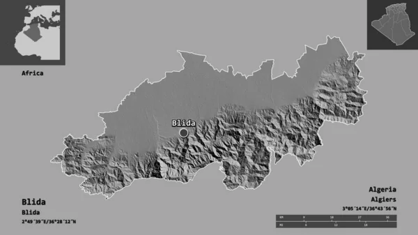 阿尔及利亚省Blida的形状及其首都 距离刻度 预览和标签 Bilevel高程图 3D渲染 — 图库照片