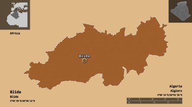 Blida 'nın şekli, Cezayir vilayeti ve başkenti. Uzaklık ölçeği, ön gösterimler ve etiketler. Desenli dokuların bileşimi. 3B görüntüleme