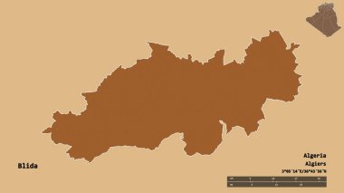 Cezayir 'in Blida eyaleti, başkenti sağlam bir zemin üzerinde izole edilmiştir. Uzaklık ölçeği, bölge önizlemesi ve etiketleri. Desenli dokuların bileşimi. 3B görüntüleme