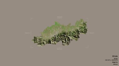 Blida bölgesi, Cezayir vilayeti, jeoreferated sınır kutusunda sağlam bir arka planda izole edilmiş. Etiketler. Uydu görüntüleri. 3B görüntüleme