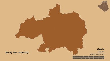 Cezayir 'in başkenti Bordj Bou Arreridj' in sağlam bir arka planda izole edilmiş hali. Uzaklık ölçeği, bölge önizlemesi ve etiketleri. Desenli dokuların bileşimi. 3B görüntüleme