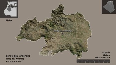 Cezayir 'in Bordj Bou Arreridj ili ve başkenti. Uzaklık ölçeği, ön gösterimler ve etiketler. Uydu görüntüleri. 3B görüntüleme