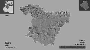 Bouira 'nın şekli, Cezayir vilayeti ve başkenti. Uzaklık ölçeği, ön gösterimler ve etiketler. Çift seviyeli yükseklik haritası. 3B görüntüleme