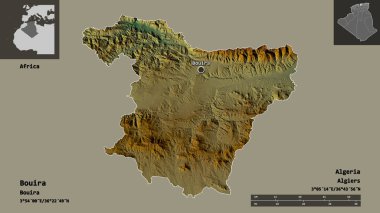 Bouira 'nın şekli, Cezayir vilayeti ve başkenti. Uzaklık ölçeği, ön gösterimler ve etiketler. Topografik yardım haritası. 3B görüntüleme