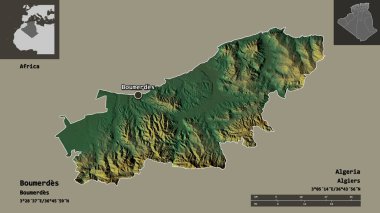 Boumerdes 'in şekli, Cezayir vilayeti ve başkenti. Uzaklık ölçeği, ön gösterimler ve etiketler. Topografik yardım haritası. 3B görüntüleme