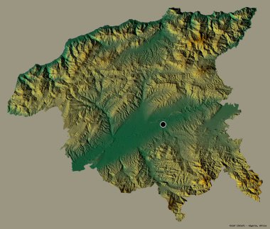 Chlef, Cezayir 'in başkenti, koyu renk arka planda izole edilmiştir. Topografik yardım haritası. 3B görüntüleme