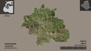 Konstantin 'in şekli, Cezayir vilayeti ve başkenti. Uzaklık ölçeği, ön gösterimler ve etiketler. Uydu görüntüleri. 3B görüntüleme