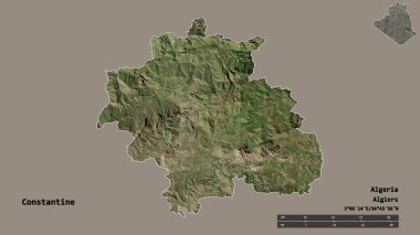 Cezayir 'in başkenti sağlam bir zemin üzerinde izole edilmiş, Konstantin' in şekli. Uzaklık ölçeği, bölge önizlemesi ve etiketleri. Uydu görüntüleri. 3B görüntüleme