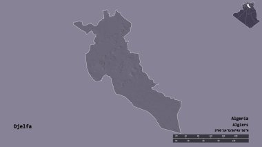 Cezayir eyaleti Djelfa 'nın şekli, başkenti sağlam bir zemin üzerinde izole edilmiştir. Uzaklık ölçeği, bölge önizlemesi ve etiketleri. Renkli yükseklik haritası. 3B görüntüleme
