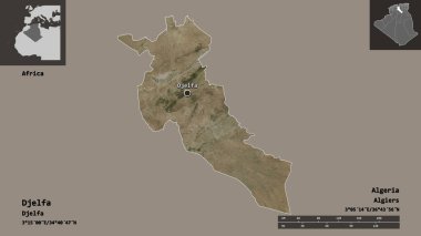Cezayir 'in Djelfa bölgesi ve başkenti. Uzaklık ölçeği, ön gösterimler ve etiketler. Uydu görüntüleri. 3B görüntüleme