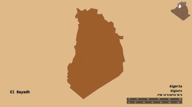 Cezayir eyaleti El Bayad 'ın şekli, başkenti sağlam bir zemin üzerinde izole edilmiş. Uzaklık ölçeği, bölge önizlemesi ve etiketleri. Desenli dokuların bileşimi. 3B görüntüleme