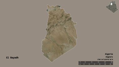 Cezayir eyaleti El Bayad 'ın şekli, başkenti sağlam bir zemin üzerinde izole edilmiş. Uzaklık ölçeği, bölge önizlemesi ve etiketleri. Uydu görüntüleri. 3B görüntüleme