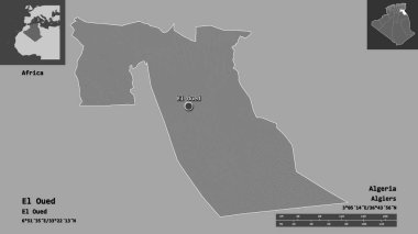 Cezayir eyaleti El Oued ve başkenti. Uzaklık ölçeği, ön gösterimler ve etiketler. Çift seviyeli yükseklik haritası. 3B görüntüleme
