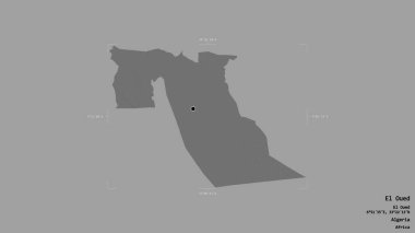El Oued bölgesi, Cezayir vilayeti, jeoreferated sınır kutusunda sağlam bir arka planda izole edilmiş. Etiketler. Çift seviyeli yükseklik haritası. 3B görüntüleme