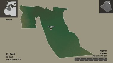 Cezayir eyaleti El Oued ve başkenti. Uzaklık ölçeği, ön gösterimler ve etiketler. Topografik yardım haritası. 3B görüntüleme