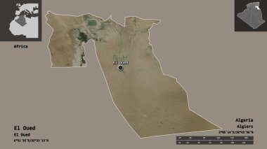 Cezayir eyaleti El Oued ve başkenti. Uzaklık ölçeği, ön gösterimler ve etiketler. Uydu görüntüleri. 3B görüntüleme