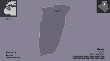 Ghardaia 'nın şekli, Cezayir vilayeti ve başkenti. Uzaklık ölçeği, ön gösterimler ve etiketler. Renkli yükseklik haritası. 3B görüntüleme