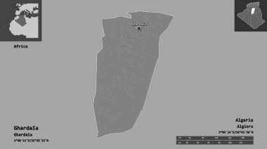 Ghardaia 'nın şekli, Cezayir vilayeti ve başkenti. Uzaklık ölçeği, ön gösterimler ve etiketler. Çift seviyeli yükseklik haritası. 3B görüntüleme