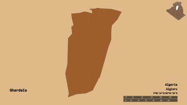 Cezayir 'in Ghardaia eyaleti, başkenti katı bir zemin üzerinde izole edilmiştir. Uzaklık ölçeği, bölge önizlemesi ve etiketleri. Desenli dokuların bileşimi. 3B görüntüleme