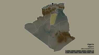 Cezayir 'in, başkenti, ana bölgesel bölümü ve ayrılmış Ghardaia bölgesi ile dejenere edilmiş şekli. Etiketler. Topografik yardım haritası. 3B görüntüleme