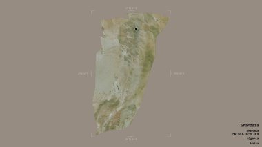 Cezayir 'in Ghardaia bölgesi, katı bir arka planda izole edilmiş bir sınır kutusunda. Etiketler. Uydu görüntüleri. 3B görüntüleme