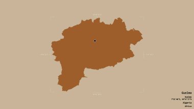 Guelma bölgesi, Cezayir vilayeti, jeoreferated sınır kutusunda sağlam bir arka planda izole edilmiş. Etiketler. Desenli dokuların bileşimi. 3B görüntüleme