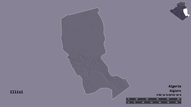 Cezayir 'in Illizi eyaleti, başkenti sağlam arka planda izole edilmiştir. Uzaklık ölçeği, bölge önizlemesi ve etiketleri. Renkli yükseklik haritası. 3B görüntüleme