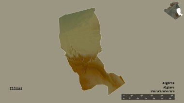 Cezayir 'in Illizi eyaleti, başkenti sağlam arka planda izole edilmiştir. Uzaklık ölçeği, bölge önizlemesi ve etiketleri. Topografik yardım haritası. 3B görüntüleme
