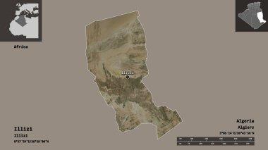 Illizi 'nin şekli, Cezayir vilayeti ve başkenti. Uzaklık ölçeği, ön gösterimler ve etiketler. Uydu görüntüleri. 3B görüntüleme