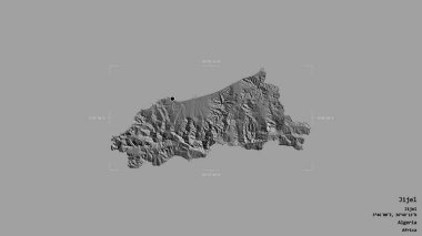 Jijel bölgesi, Cezayir eyaleti, jeoreferated sınır kutusunda sağlam bir arka planda izole edilmiş. Etiketler. Çift seviyeli yükseklik haritası. 3B görüntüleme