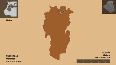 Cezayir 'in Khenchela ili ve başkenti. Uzaklık ölçeği, ön gösterimler ve etiketler. Desenli dokuların bileşimi. 3B görüntüleme
