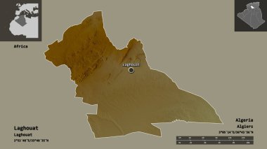 Laghouat 'un şekli, Cezayir vilayeti ve başkenti. Uzaklık ölçeği, ön gösterimler ve etiketler. Topografik yardım haritası. 3B görüntüleme