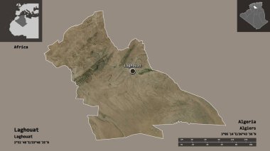 Laghouat 'un şekli, Cezayir vilayeti ve başkenti. Uzaklık ölçeği, ön gösterimler ve etiketler. Uydu görüntüleri. 3B görüntüleme