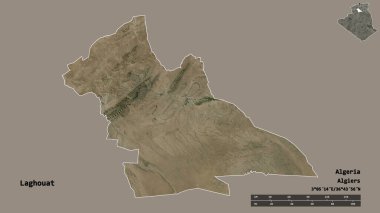 Cezayir 'in Laghouat şehrinin başkenti sağlam bir zemin üzerinde izole edilmiştir. Uzaklık ölçeği, bölge önizlemesi ve etiketleri. Uydu görüntüleri. 3B görüntüleme